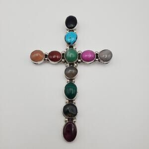 Waldeck Johnson WJ Sterling Silver Southwest Multi Gemstone Large Cross Pendant